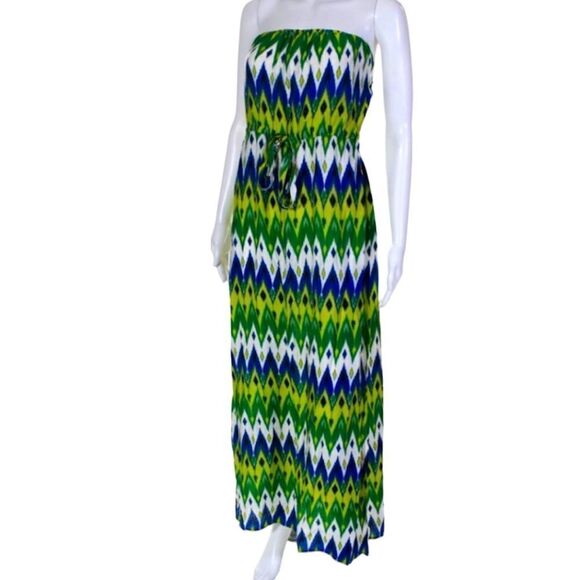 Vince Camuto Geometric Print Strapless Maxi Dress Green Yellow Blue Small - Picture 1 of 9